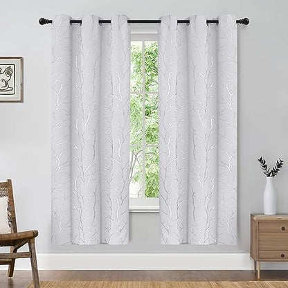BUHUA White Bedroom Curtains 63 Inches Long, Room Darkening Blackout Curtains 2 Panel Sets, Elegant Silver Tree Branches Print Window Treament for Livingroom 38W x 63L, Greyish White - color: Greyish White, size: 38"W x 63"L (Pack of 2)
