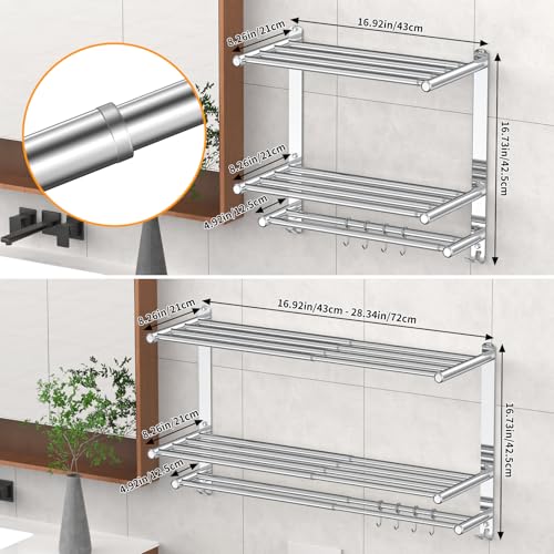 Bathroom Towel Rack with Shelf and Towel Bar, 2-Tier Expandable (16.9 to 28 Inches) SUS304 Stainless Steel, Wall Mounted or Adhesive, 4 Sliding Hooks Rust Resistant, Rounded Corners, Side Guards