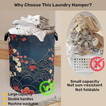 Japanese Cherry Blossom Laundry Basket, Blue Large Clothes Hamper Bag with Handles, Space Saving Foldable Design for Nursery - color: Japanese Wave Cherry Blossom