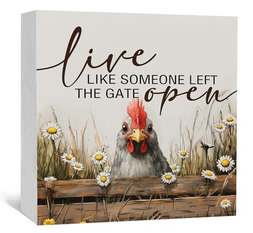 Chicken Rooster Decor Signs,Cottagecore Chicken Wooden Signs,Rustic Farmhouse Live Like Someone Left The Gate Open Wood Sign,Farm Animal Rooster Decor For Kitchen Office Badroom - color: chicken, size: 5x5 in