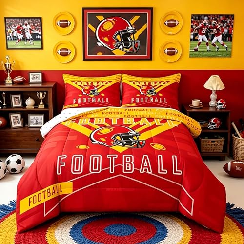 Feelyou Football Bedding Set Boys Girls King Size Women Men Football City Comforter Rugby Sports Duvet Quilt Red Yellow Room Decor - color: Red Yellow, size: King