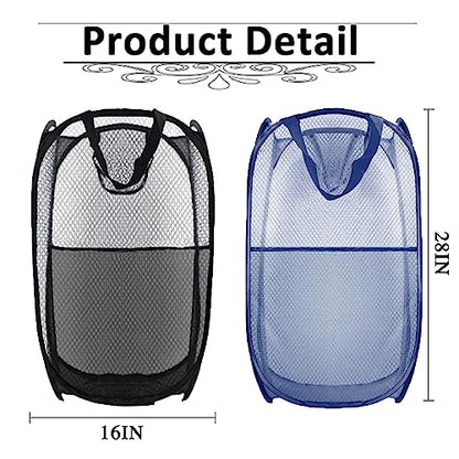 Collapsible Pop Up Laundry Hamper, Extra Large Mesh Foldable Laundry Basket Bag, 28" x 16" x 16", 2 Pack (Black + Blue) - color: 2P Black+Blue