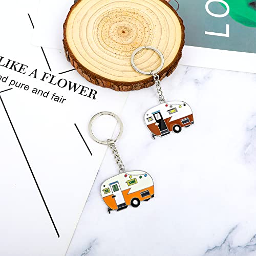 Thinp 2 Pieces Camper Keychain, RV Camper Keyring Accessories for Travel Trailers Enameled Metal Retro Camping Car Keychain - color: Yellow+brown