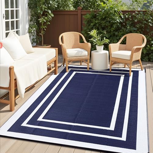 OLANLY Outdoor Rug 8x10 ft Waterproof, Reversible Outdoor Plastic Straw Rug, RV Mat, Indoor Outdoor Carpet Clearance for Patio, Camping, Balcony, Deck, Backyard, Navy & White - color: Navy Blue & White, size: 8' X 10' (Rectangular)