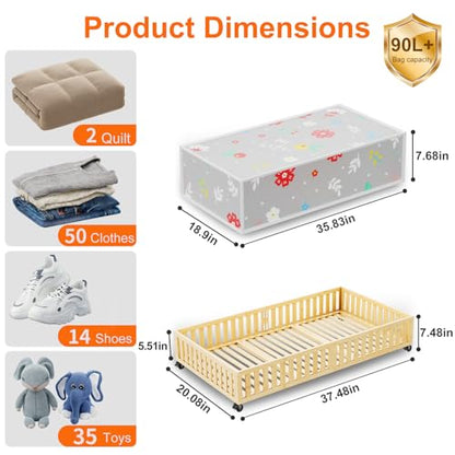 Bamboo Under Bed Storage Containers with Wheels, 40L UnderBed Drawers with Dust Bag, Breathable Under Bed Shoe Storage, Rolling UnderBed Clothes Storage, 1Pack - size: 37.48"L ×24.08"W, style: 1Pack