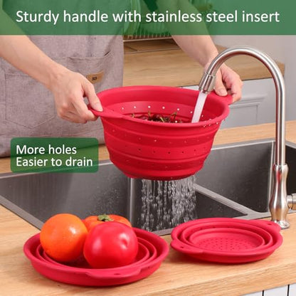 Collapsible Silicone Colander Bowl Set,BPA Free, Heat Resistant, Stainless Steel Nesting, Portable Washing Basket Strainer Drain Basin for Pasta, Vegetable and fruit, Kitchen, Camping, Hiking - color: Red+Green
