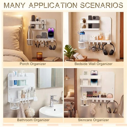 Novabright White 13 x 10 Inch Bedside Wall Organizer for Bedroom, Large Metal Floating Bedside Shelf Wall Mount Storage for Phone Remote Control Cup Holder Dorm Room, Rv, Small Room Accessories