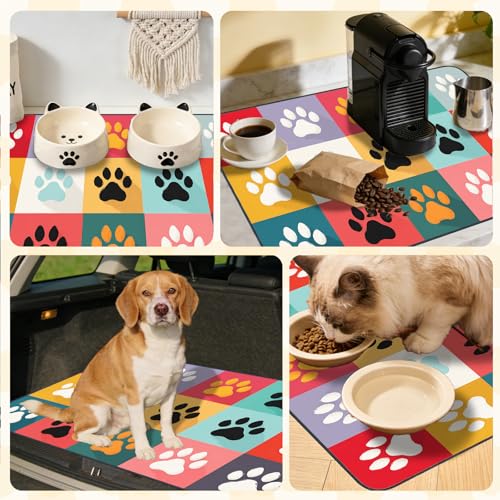 Nuxovilar Pet Dog Supplies Food Mat Colorful Paw-Printed Polyester (23.62×17.71 inches) Bowl Water Spill Pad Feeding Gear for Kitchen, Dining Spot, Pet Nook - color: LU13721