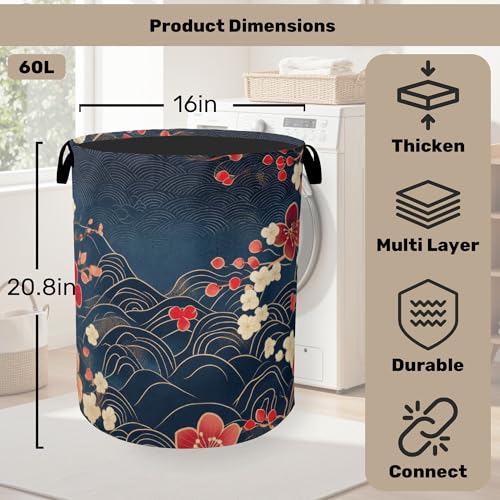 Japanese Cherry Blossom Laundry Basket, Blue Large Clothes Hamper Bag with Handles, Space Saving Foldable Design for Nursery - color: Japanese Wave Cherry Blossom