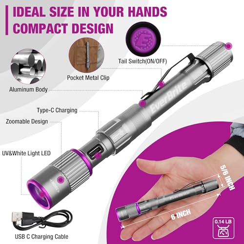 EverBrite Rechargeable Pen Flashlight with UV Light and White Light, 395nm Black Flashlight with Clip, Zoomable 4 Modes with Memory, USB C Cable, for Camping, Emergency, Pet Urine Detection,Grey - color: Gray