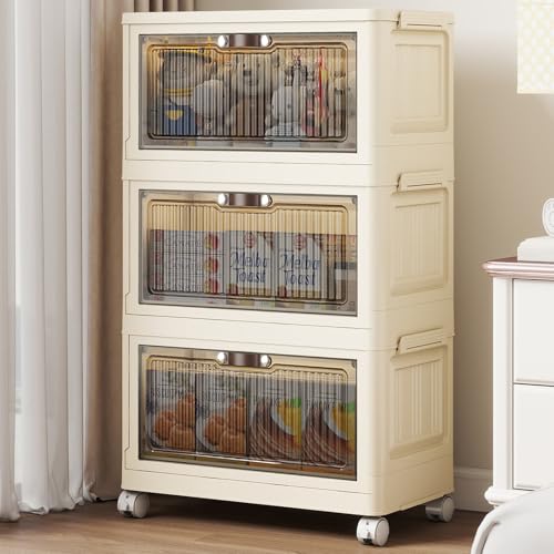 3 Tier - 48QT Storage Bins with Lids, Collapsible Storage Bins with Doors and Wheels, Plastic Storage Cabinet for Easy Storage and Organization for Living Room, Office - size: 38Gal-3pack