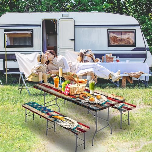 Picnic Table Cover with Bench Covers Camping Essentials Waterproof Windproof Camping Tablecloth with Elastic, Fits Table 30"x 72" Rectangle and Seats, Wood Grain American Flag - color: Wood Grain American Flag