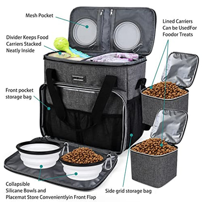 BAGLHER Dog Travel Bag, Pet Travel Bag (ALL Pet Travel Supplies), With 2 Pet Food Containers and 2 Collapsible Silicone Bowls; Essential Kits for Pet Travel Grey - color: Grey, size: Medium