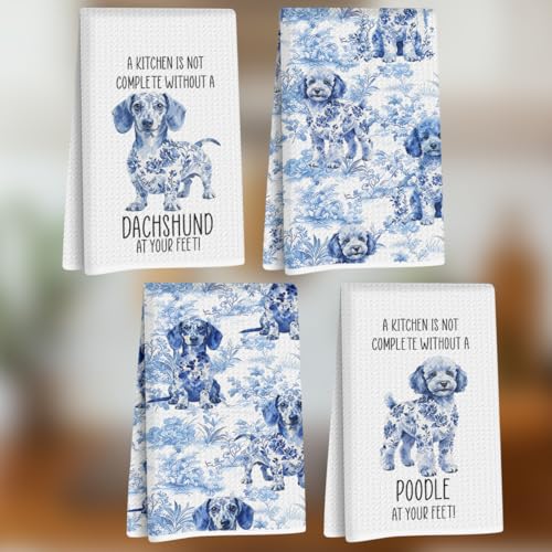 4 Pcs Dachshund Kitchen Towels Set 24x14 Inch, Flower Durable Reusable Microfiber Dish Towels, Poodle Chinoiserie Hand Tea Towel for Kitchen Farmhouse Home Decor, Dog Lover Gifts for Women Mom Friend - color: Lcs Multicolor 02529
