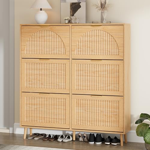 Shoe Storage Cabinet with 6 Flip Drawers, Narrow Wood Shoe Organizer Cabinet with Fluted Panel, Slim Shoe Rack for Entryway, Freestanding Shoe Cabinet for Living Room, Hallway, Wood Color - color: Nature Oak, size: 6-Drawers