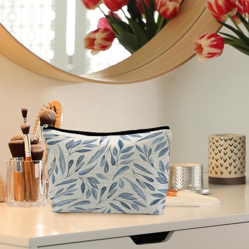 Blue Floral Makeup Bag Pouch, Blue and White Chinoiserie Makeup Pouch, Floral Cosmetic Bag, Boho Botanical Leaves Cosmetic Bag for Women - color: Blue Leaves
