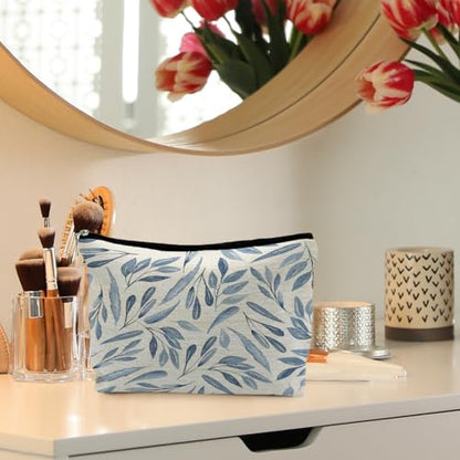 Blue Floral Makeup Bag Pouch, Blue and White Chinoiserie Makeup Pouch, Floral Cosmetic Bag, Boho Botanical Leaves Cosmetic Bag for Women - color: Blue Leaves