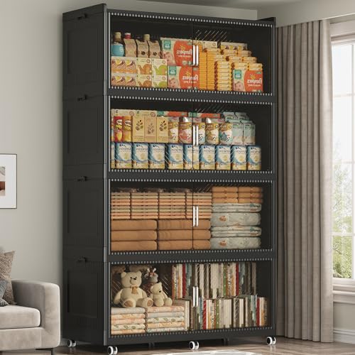 800QT Storage Bins with Lid Extra Large Stackable Closet Organizer Plastic Container Box, 200Gal 3-Tier Collapsible Cabinet with Wheels and Doors for Living Room Kitchen Office Dorm, Black - color: Black, size: 200QT-4Pack
