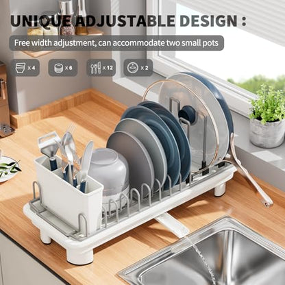 SanDream Small Dish Drying Rack with Removable Utensil Holder & Anti-Scratch Base - Stainless Steel Dish Rack, Dish Drying Rack with Drainage & Space Saving Design for Kitchen Counter, White - color: White