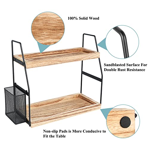 Bathroom Counter Organizer, 2-Tier Standing Storage Shelf with Basket, Wood Tray for Skincare Vanity Organizer - style: 2 Tier Brown