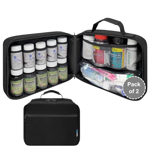 Pack of 2 - Large Medicine Organizer Bag - 10 Pocket Pill Bottle Organizer for Travel & Home Storage, Black - color: LG Black 2PK