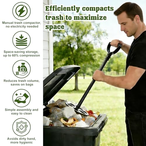 Manual Trash Compactor for Kitchen, 25.5 inch Metal Trash Can Compressor | Trash Can Compactor for Home Bins, Waste Compressor with Touchless Smasher Outdoor Garbage Tamper Tool -Saves Bags/Can Space