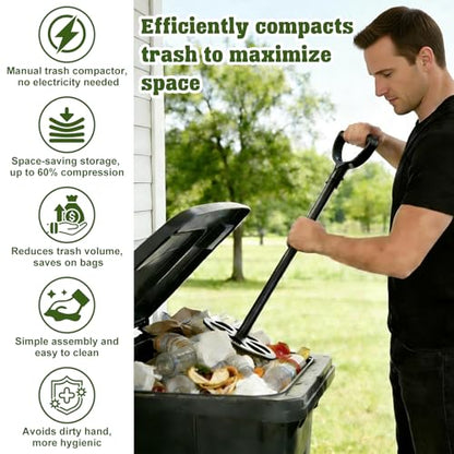 Manual Trash Compactor for Kitchen, 25.5 inch Metal Trash Can Compressor | Trash Can Compactor for Home Bins, Waste Compressor with Touchless Smasher Outdoor Garbage Tamper Tool -Saves Bags/Can Space