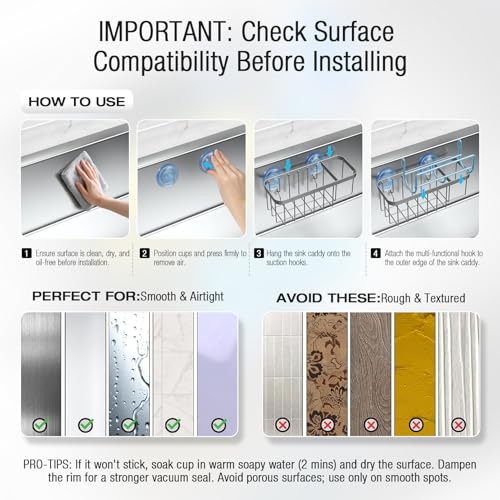 3-in-1 Kitchen Sink Caddy Organizer with Sponge Holder, Brush Holder, Extra Rack for Scrubber, Sink Stopper, Dish Cloth Hanger - Strong Dual Suction Cup, 2.0mm SUS304 Stainless Steel - Silver - color: Silver