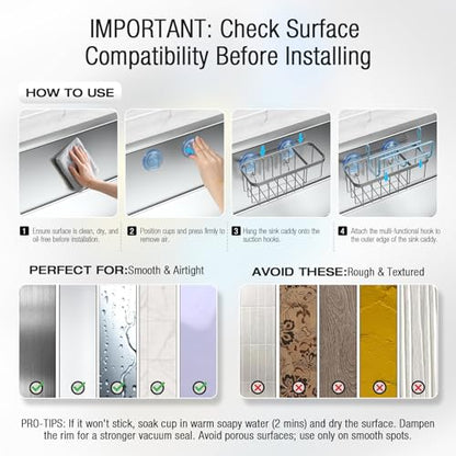 3-in-1 Kitchen Sink Caddy Organizer with Sponge Holder, Brush Holder, Extra Rack for Scrubber, Sink Stopper, Dish Cloth Hanger - Strong Dual Suction Cup, 2.0mm SUS304 Stainless Steel - Silver - color: Silver