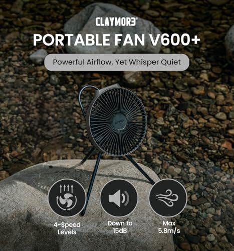 Claymore V600+ Warm Gray Rechargeable Portable Fan – 7,800mAh Battery, 4-Speed BLDC Ultra-Quiet Air Circulator USB-C Charging 32 Hrs Runtime Tripod Mountable Adjustable for Camping, Indoor, Outdoor - style: V600+ (Warm Gray)