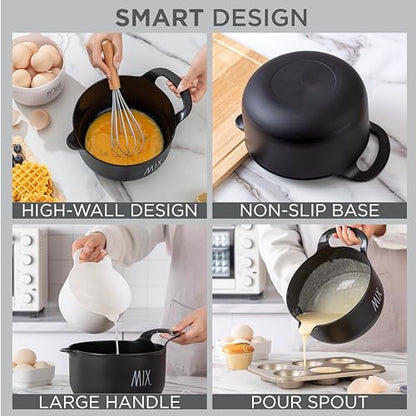 Rae Dunn Non-Slip Mixing Bowls - 4 Piece Nesting Plastic Mixing Bowl Set with Pour Spouts and Handles-Measurement Markings (Black) - color: Black