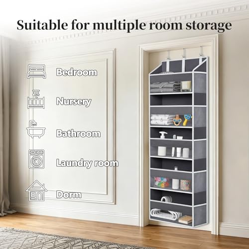 Over the Door Organizer with 5 Large Pockets and 10 Mesh Side Pockets, Hanging Organizer with Clear Windows 44 lbs Weight Capacity for Bedroom, Bathroom, Pantry, Nursery Dark Gray
