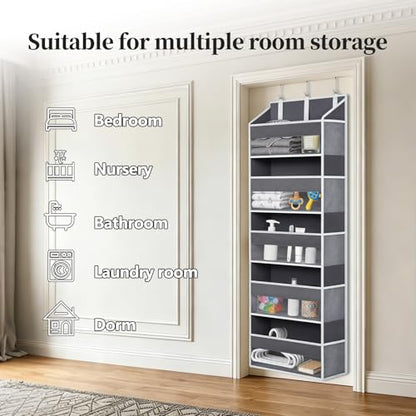 Over the Door Organizer with 5 Large Pockets and 10 Mesh Side Pockets, Hanging Organizer with Clear Windows 44 lbs Weight Capacity for Bedroom, Bathroom, Pantry, Nursery Dark Gray