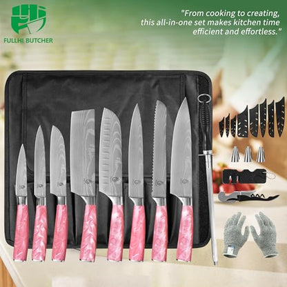 FULLHI 15pcs Japanese Knife Set with Magnetic Knife Block Holder, Japan Stainless Steel Blades, Ergonomic Handles for Professional and Home Cooking (Pink, Knife set) - color: Pink, size: 14 Piece Knife Set
