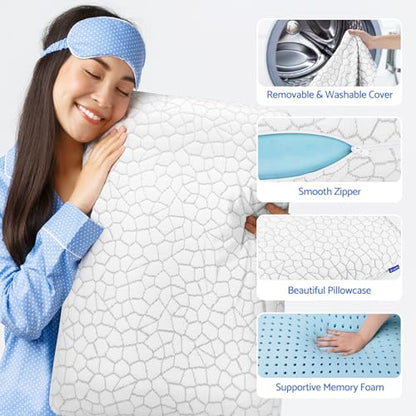 CushZone Memory Foam Pillows for Sleeping, Bed Pillow with Removable and Machine Washable Cover, Bed Pillow for Side, Back and Stomach Sleepers, Queen Size (1 Pack) - size: Queen Size