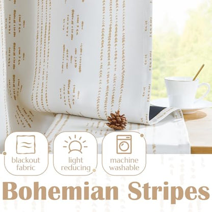jinchan 95% Blackout Boho Kitchen Curtains 24 Inches Cafe Tier Curtains Bohemian Small Drapes for Bedroom RV Basement Half Window Room Darkening Thermal Insulated 2 Panels Beige - color: 95% Blackout | Taupe on Beige, size: 25"W x 24"L (Pack of 2)