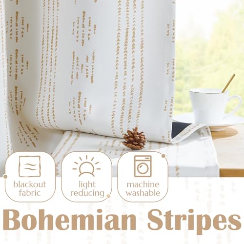 jinchan 95% Blackout Boho Kitchen Curtains 36 Inches Cafe Tier Curtains Bohemian Small Drapes for Bedroom RV Basement Half Window Room Darkening Thermal Insulated 2 Panels Beige - color: 95% Blackout | Taupe on Beige, size: 25"W x 36"L (Pack of 2)