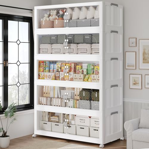 200GAL/800QT Plastic Storage Bins with Lids & Wheels, Collapsible Stackable Storage Boxes, Large Folding Cabinet Organizers for Closet Home Kitchen Office, 5Pack White - color: White, size: 40Gal-5Pack