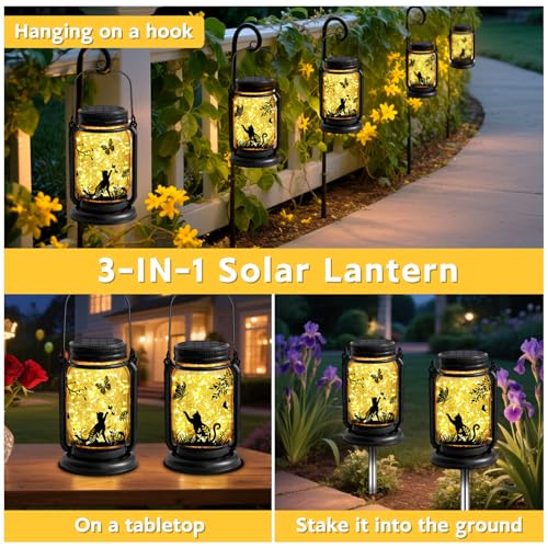 ANGMLN Cat Solar Lanterns 3-in-1 Outdoor Waterproof - Birthday Gifts for Cat Lovers Women Mom Christmas, Mason Jar Hanging Lanterns with Stake, Garden Decor Lights for Patio Yard Balcony Decorations - style: Cat