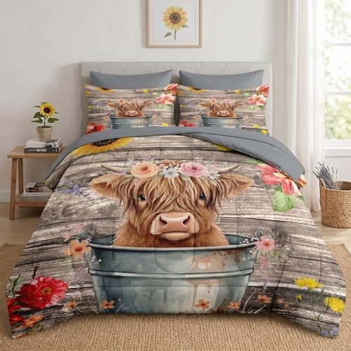 WeCozy 7 Pcs King Size Comforter Set with 2 Pillowcases & 2 Shams, Highland Cow Flower Bedding for Kids and Adults, Happy Cute Cartoon Bed in a Bag with Flat Fitted Sheet - color: Highland Cow, size: King