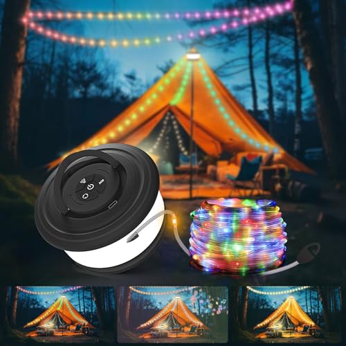 TOHETO 2-Pack Camping String Lights, 3 in 1 Upgraded Retractable RGB Outdoor String Lights with 19 Lighting Modes, Quick 30s Recovery, 32.8 FT Portable Tent Light, Rechargeable Camping Lantern (Black) - style: Black-2Pack