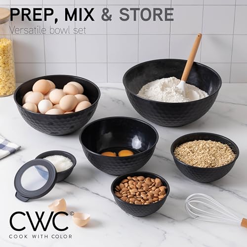 COOK WITH COLOR Mixing Bowls with Lids - 12 Piece Plastic Nesting Bowls Set includes 6 Prep Bowls and 6 Lids, Microwave Safe Mixing Bowl Set, Black Embossed - color: Black Embossed