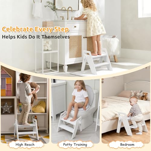 Wooden 2 Step Stool for Toddler Kids Bathroom Foldable 2-Step for Toilet Potty Training, Child Stepping Stool for Kitchen Nursery Bedroom,White - color: White