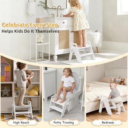 Wooden 2 Step Stool for Toddler Kids Bathroom Foldable 2-Step for Toilet Potty Training, Child Stepping Stool for Kitchen Nursery Bedroom,White - color: White