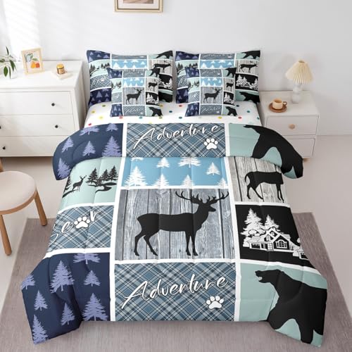 Elk Deer Bed in a Bag King Size Comforter Set 7 Pieces,Rustic Lodge Cabin Bedding Sets Woodland Animals Bear Moose Sheet Set with Comforter Farmhouse Reindeer Pine Trees Country Room Decor - color: Black Blue Teal, size: King