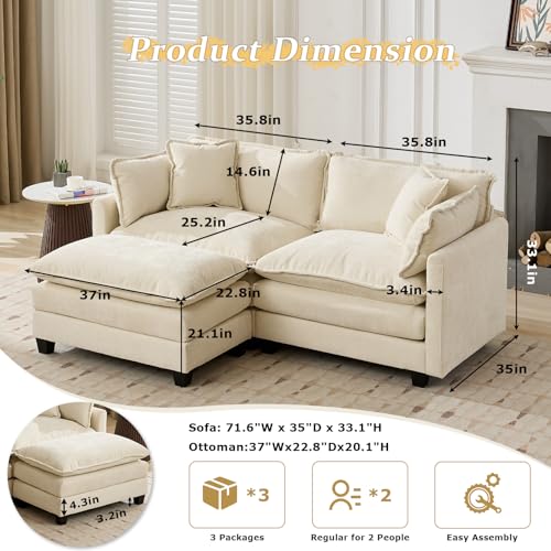 SoarFlash 77.95" Chenille Sectional Sofa, Comfy L Shaped Modular Coush Sofa with Ottoman, Modern 2 Seat Couch Deep Seat Sofa Set for Living Room,Beige - color: Beige, size: 2 Seat+1 Ottoman