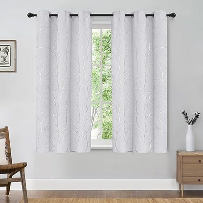BUHUA Silver Tree Branches Printed Blackout Curtain 2 Pairs 45 Inches Length Blackout Small Window Curtains for Kitchen 38W x 45L, Greyish White - color: Greyish White, size: 38"W x 45"L (Pack of 2)