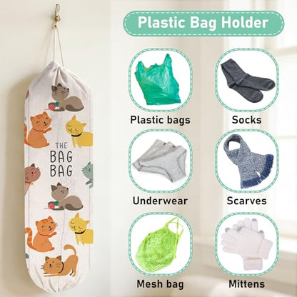 2Pcs Cat Plastic Bag Holder for Kitchen Essentials, Reusable Hanging Grocery Bag Organizer, Washable Large Grocery Trash Bags Storage Dispenser - style: Cat
