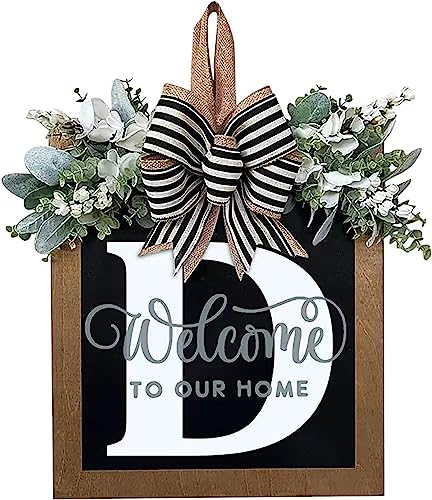 Last Name Year Round Front Door Wreath Front Porch Decoration 26 Letter Welcome Sign with Eucalyptus Garland and Bow Spring Wreaths for Front Door Outside Hanger Garland (D) - color: D