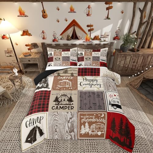 Erosebridal Short King Comforter for Rv Camper Happy Camping Bunk Comforter Set Rv Camper Accessories Bedding for Travel Trailers, Patchwork Buffalo Plaid Pine Tree Arrow Quilt Set Red Brown - color: Red Brown, size: King